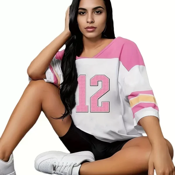 NO.12 Print Women PLUS SIZE V-Neck Short Sleeve T-Shirt Baseball Jerseys Stripe Sport T-Shirt Women clothing